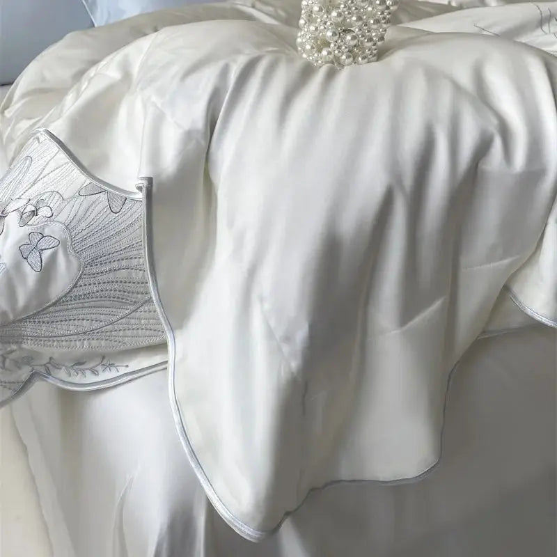 Chic White Butterfly Embroidered Luxury Lyocell Fabric Bedding Set