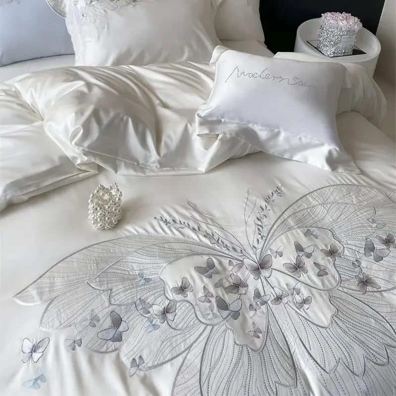 Chic White Butterfly Embroidered Luxury Lyocell Fabric Bedding Set