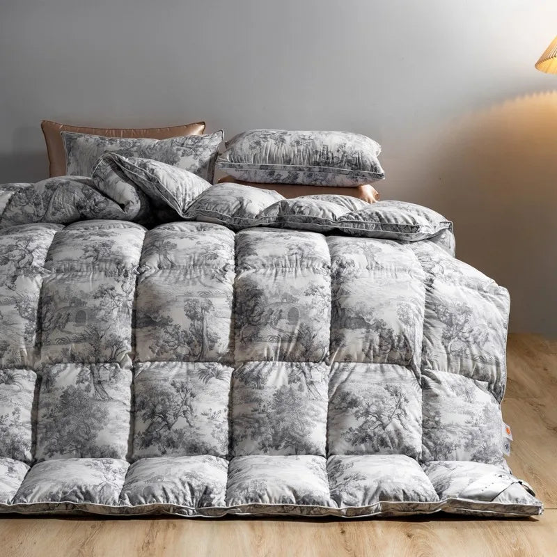 Premium Cloud Fluffy Pleat Goose Down Comforter Ink Art Printed Bedding Set