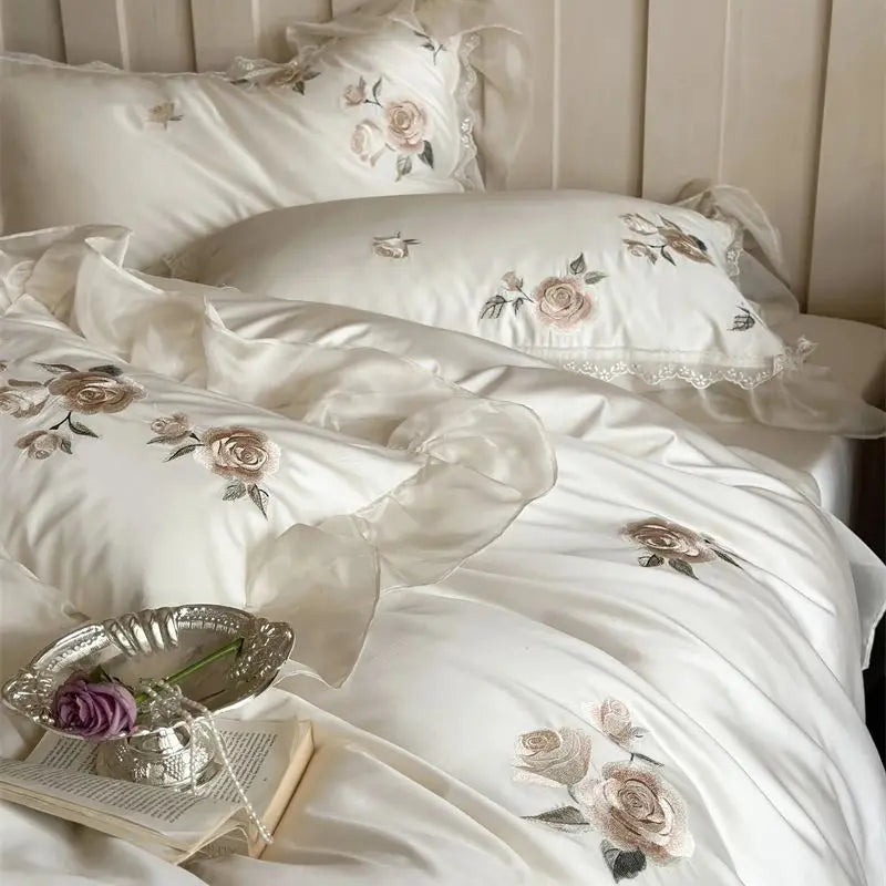 Cream White Rose Flowers Embroidery Wedding Duvet Cover, 1000TC Egyptian Cotton Bedding Set