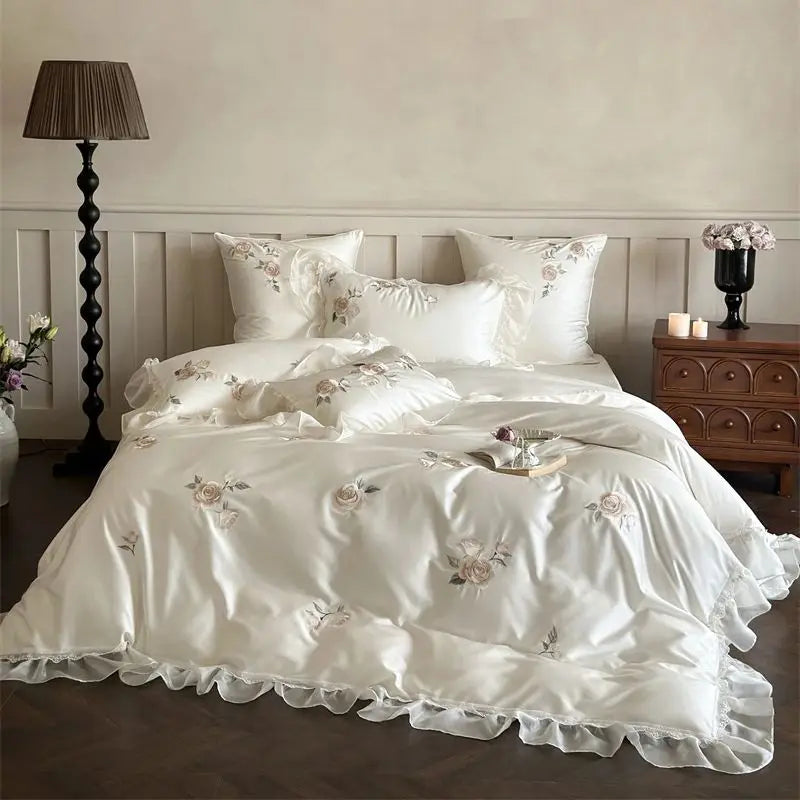 Cream White Rose Flowers Embroidery Wedding Duvet Cover, 1000TC Egyptian Cotton Bedding Set