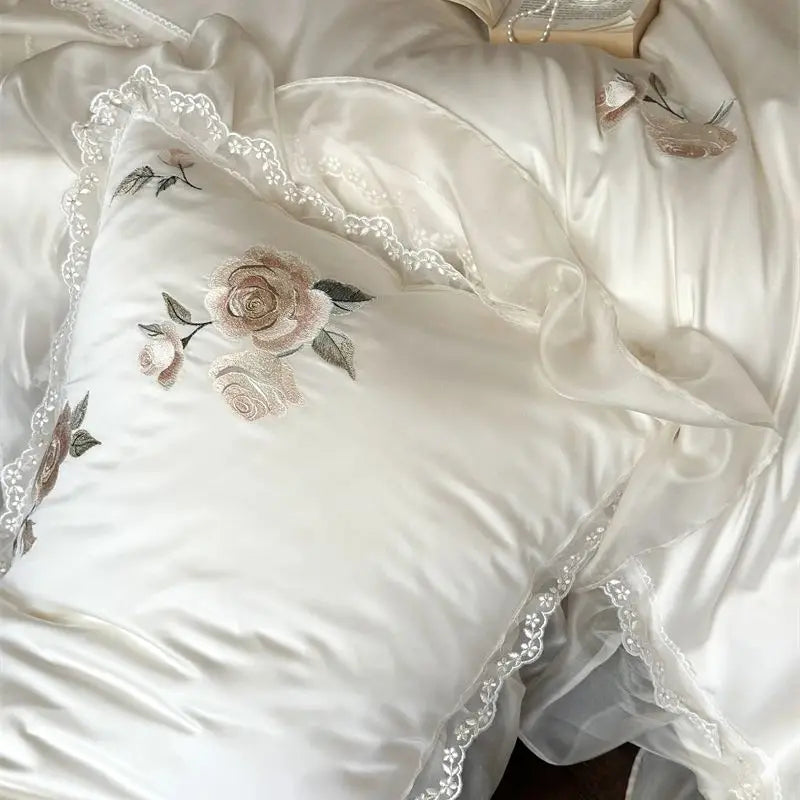 Cream White Rose Flowers Embroidery Wedding Duvet Cover, 1000TC Egyptian Cotton Bedding Set