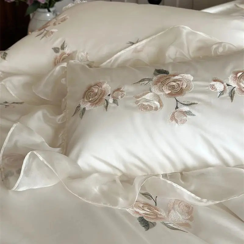 Cream White Rose Flowers Embroidery Wedding Duvet Cover, 1000TC Egyptian Cotton Bedding Set