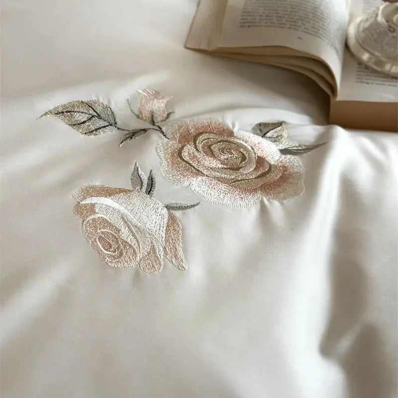 Cream White Rose Flowers Embroidery Wedding Duvet Cover, 1000TC Egyptian Cotton Bedding Set