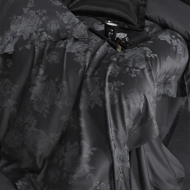 Luxury Dark Gray Vintage Jacquard Lyocell Soft Silky Duvet Cover Bedding Set