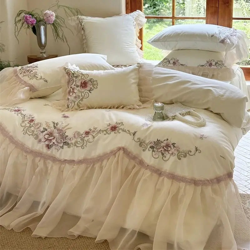 White Elegant Flowers Embroidery Princess Wedding 1200TC Egyptian Cotton Duvet Cover Bedding Set