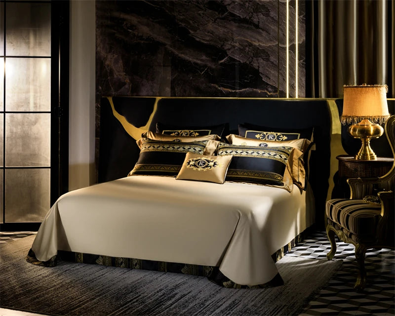 Black Gold European Jacquard Embroidered Duvet Cover Set, Egyptian Cotton 1200TC Bedding Set