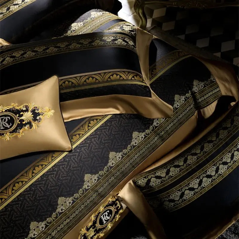 Black Gold European Jacquard Embroidered Duvet Cover Set, Egyptian Cotton 1200TC Bedding Set