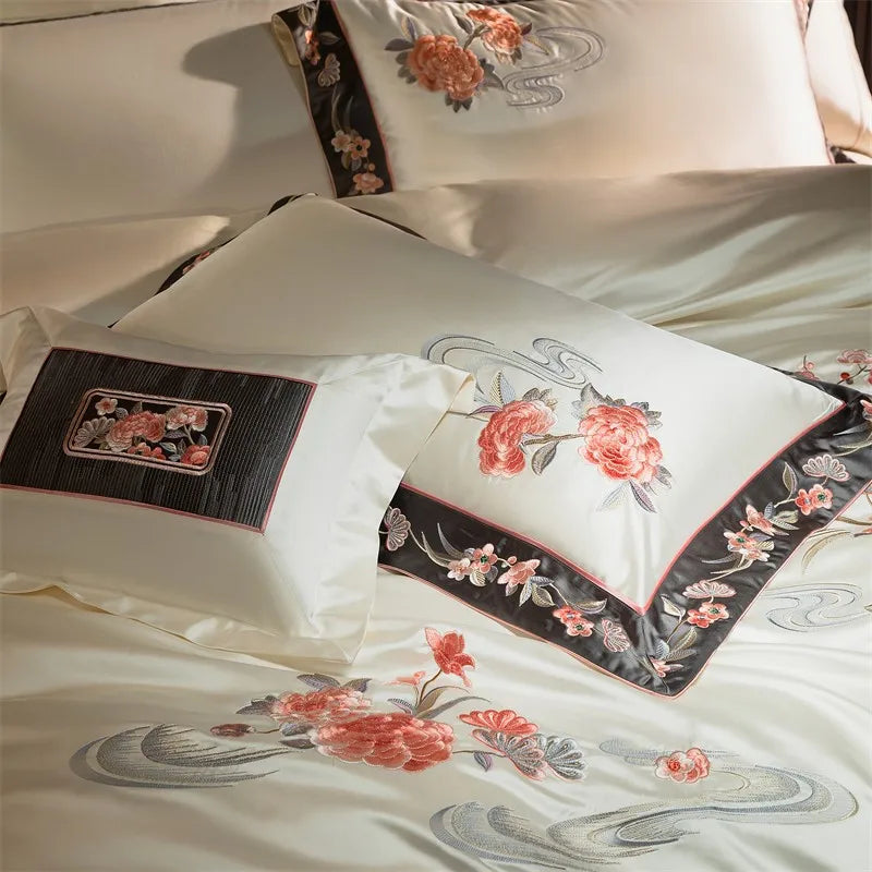 Luxury Oriental Embroidery Satin Cotton 1000TC Duvet Cover Bedding Set