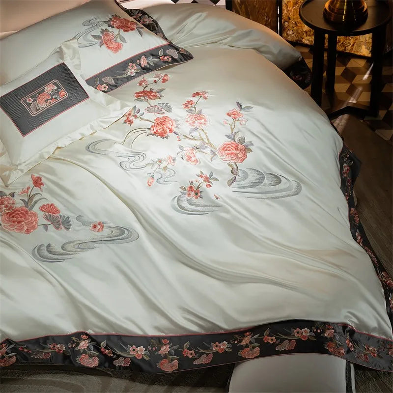 Luxury Oriental Embroidery Satin Cotton 1000TC Duvet Cover Bedding Set