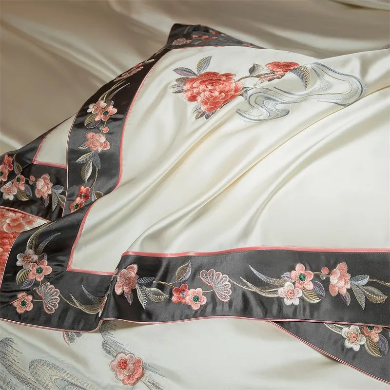 Luxury Oriental Embroidery Satin Cotton 1000TC Duvet Cover Bedding Set