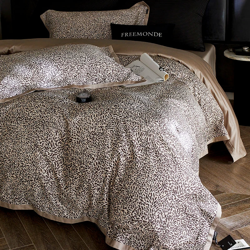 Leopard Pattern Luxury Silky Duvet Cover Set, Lyocell Cotton Bedding Set