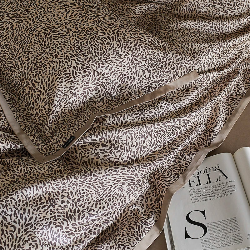 Leopard Pattern Luxury Silky Duvet Cover Set, Lyocell Cotton Bedding Set