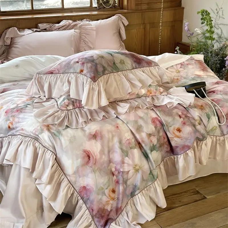 French Floral Print Lyocell Cotton Soft Silky Cool Feeling Bedding Set