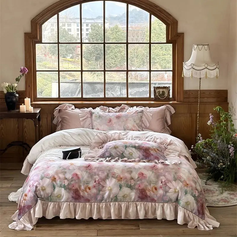 French Floral Print Lyocell Cotton Soft Silky Cool Feeling Bedding Set