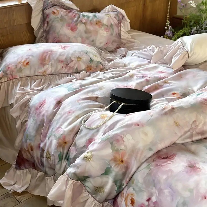 French Floral Print Lyocell Cotton Soft Silky Cool Feeling Bedding Set