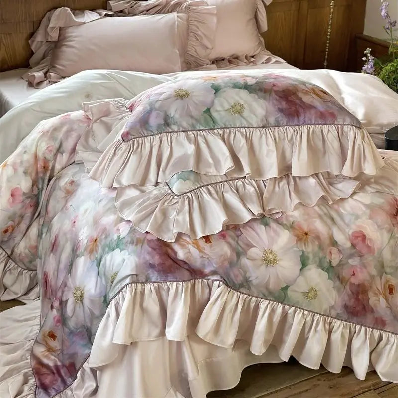 French Floral Print Lyocell Cotton Soft Silky Cool Feeling Bedding Set