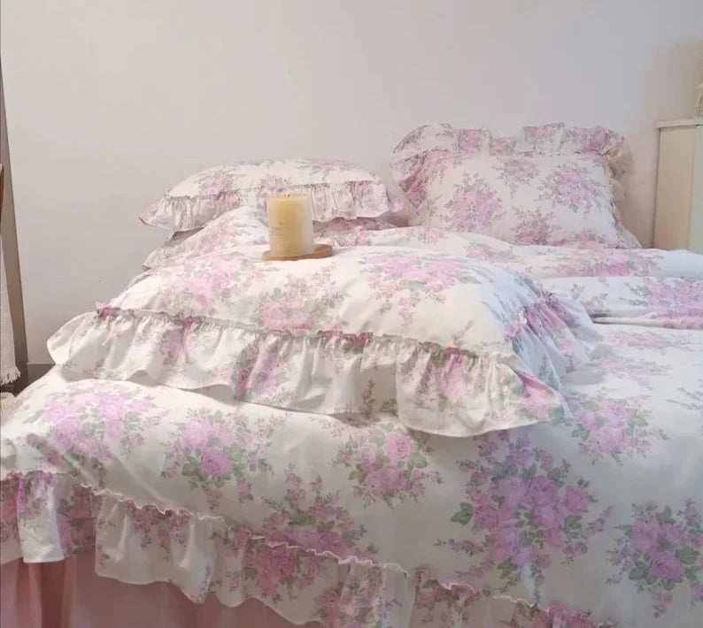 French Rose Flowers Print 100% Cotton Lace Ruffles Bedding Set