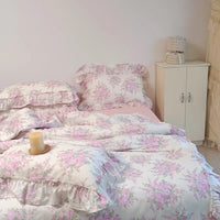 Thumbnail for French Rose Flowers Print 100% Cotton Lace Ruffles Bedding Set