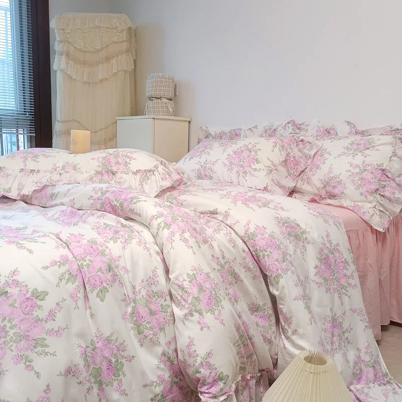 French Rose Flowers Print 100% Cotton Lace Ruffles Bedding Set