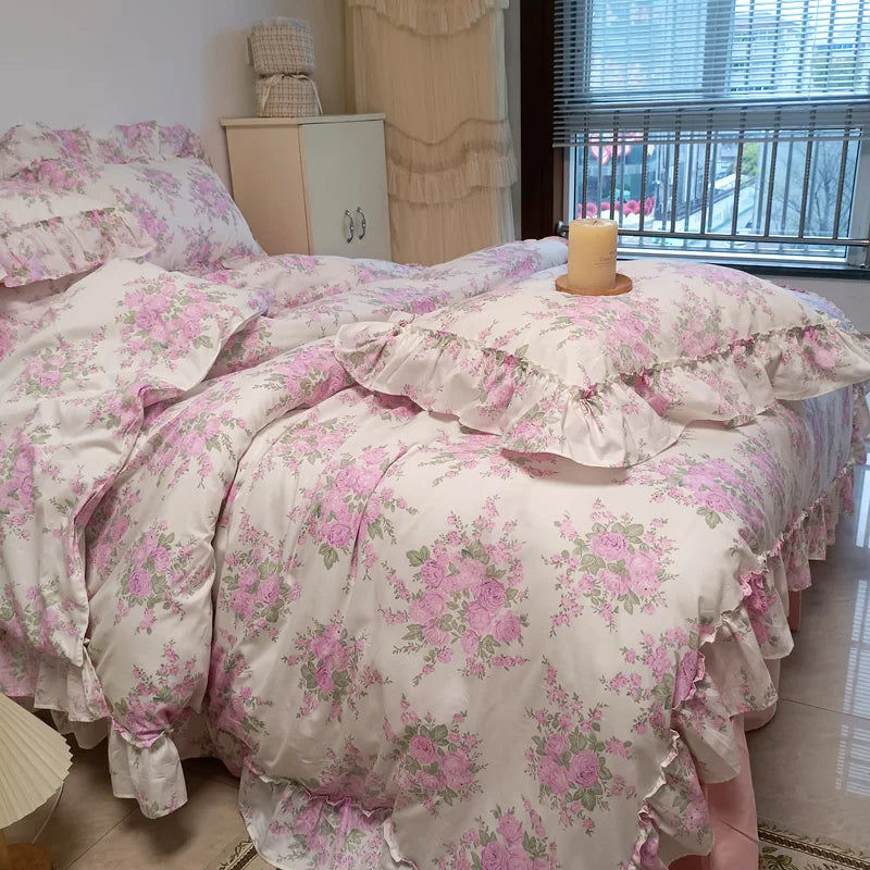 French Rose Flowers Print 100% Cotton Lace Ruffles Bedding Set
