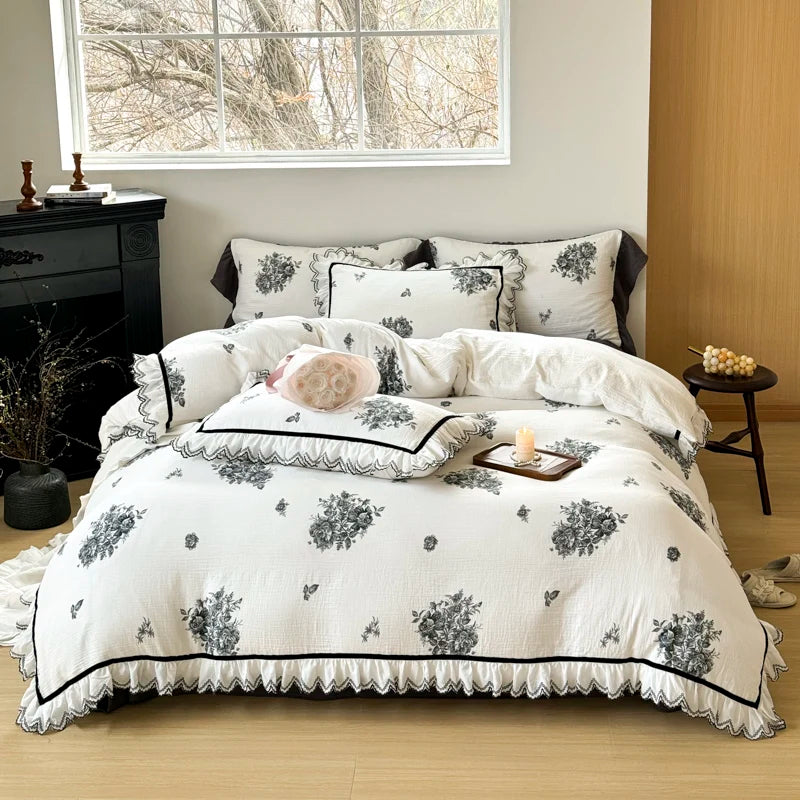 Luxury White Floral Print Embroidery Cotton Bedding Set with Black Trim