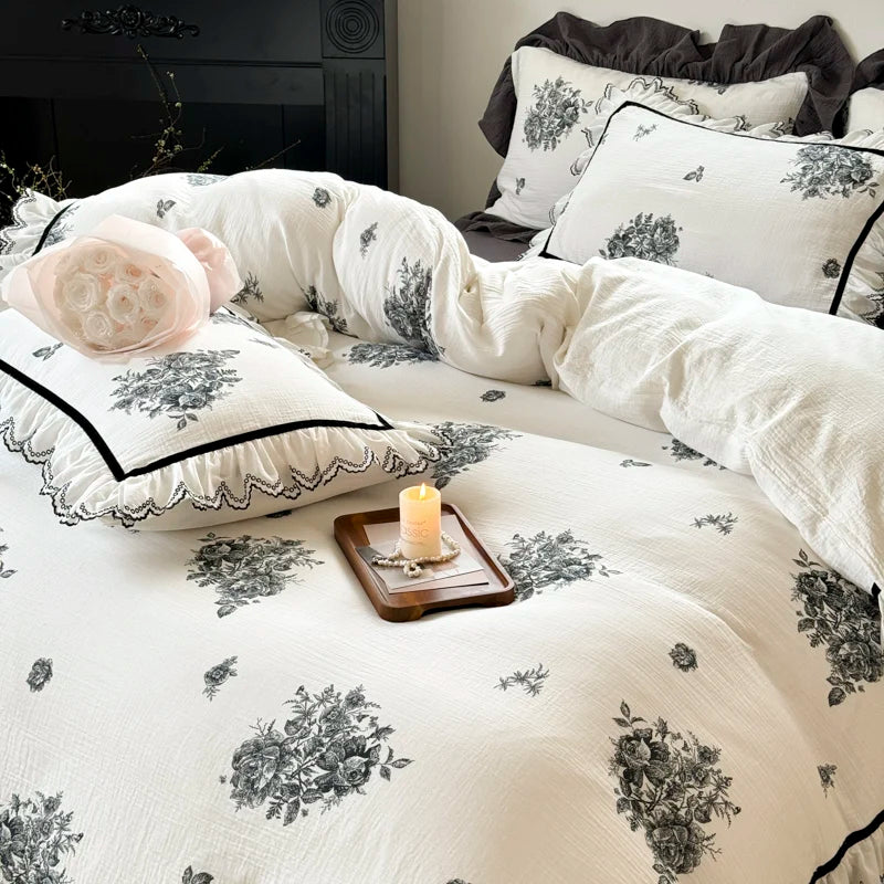 Luxury White Floral Print Embroidery Cotton Bedding Set with Black Trim