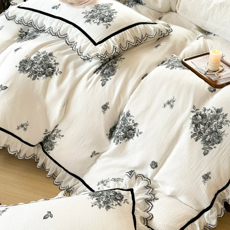 Luxury White Floral Print Embroidery Cotton Bedding Set with Black Trim