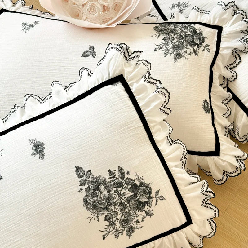 Luxury White Floral Print Embroidery Cotton Bedding Set with Black Trim