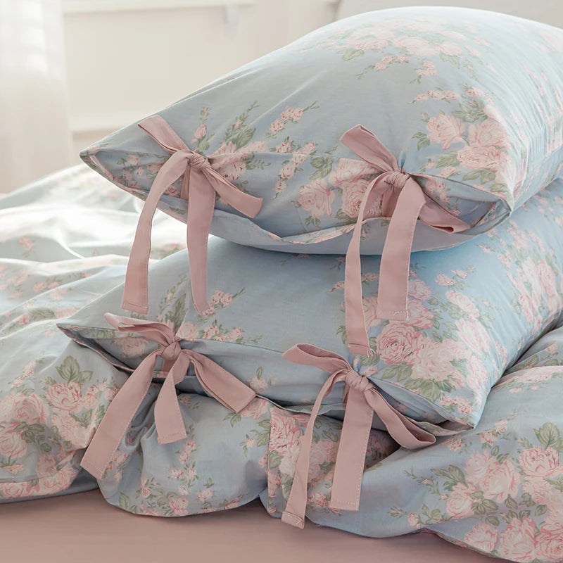 Blue Fresh Pastoral Floral Cotton Duvet Cover Bedding Set