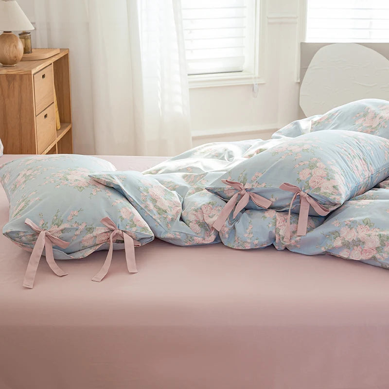 Blue Fresh Pastoral Floral Cotton Duvet Cover Bedding Set