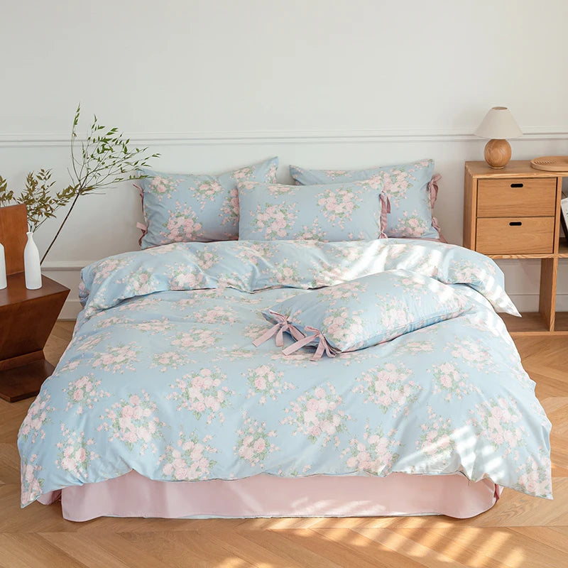 Blue Fresh Pastoral Floral Cotton Duvet Cover Bedding Set