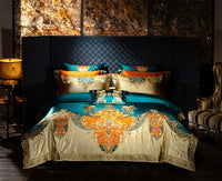 Thumbnail for Premium Golden Green Royal Jacquard 1000TC Embroidery Patchwork Duvet Cover Bedding Set