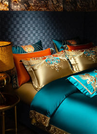 Thumbnail for Premium Golden Green Royal Jacquard 1000TC Embroidery Patchwork Duvet Cover Bedding Set