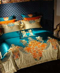 Thumbnail for Premium Golden Green Royal Jacquard 1000TC Embroidery Patchwork Duvet Cover Bedding Set