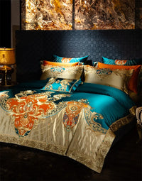 Thumbnail for Premium Golden Green Royal Jacquard 1000TC Embroidery Patchwork Duvet Cover Bedding Set