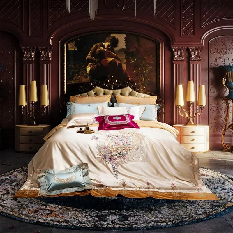Champagne Gold European Palace Flowers Embroidered 
 Egyptian Cotton Bedding Set