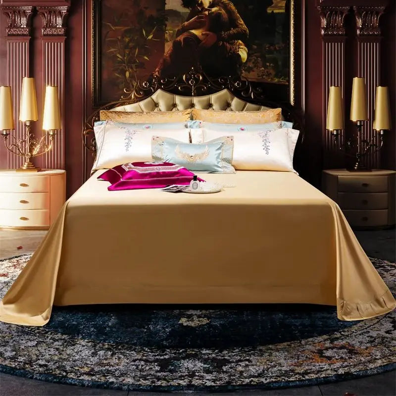 Champagne Gold European Palace Flowers Embroidered 
 Egyptian Cotton Bedding Set