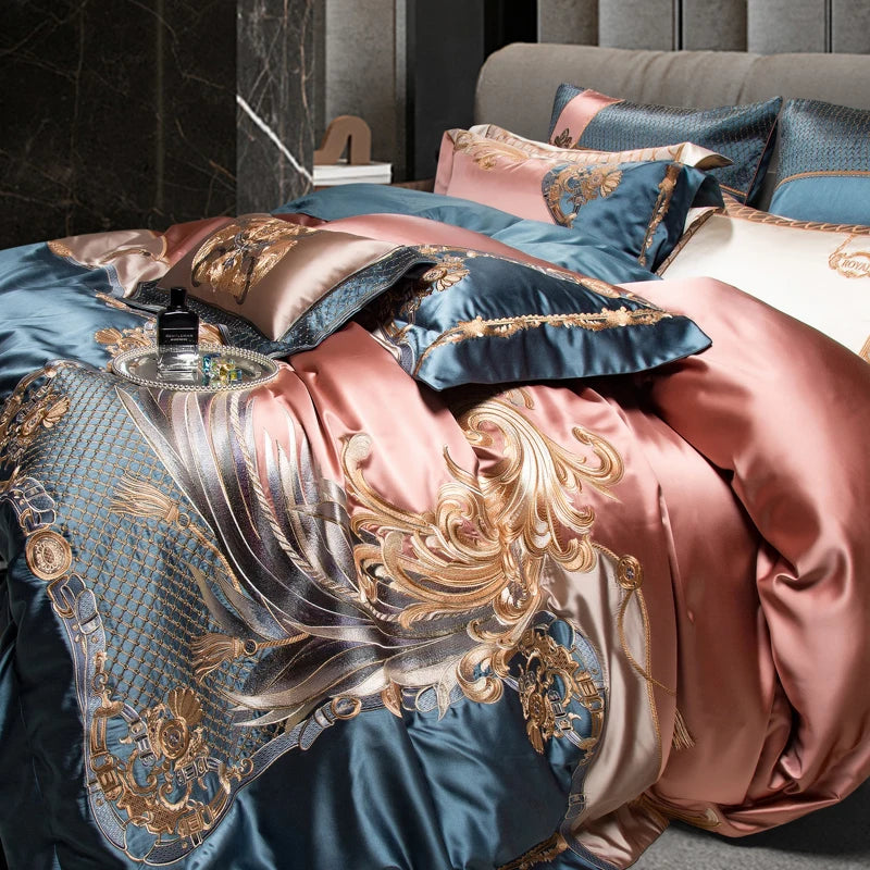 Gorgeous Pink Gold European Palace Embroidered, Egyptian Cotton 1200TC Bedding Set