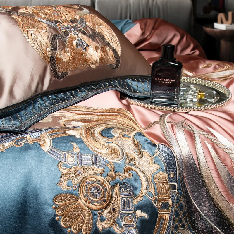 Gorgeous Pink Gold European Palace Embroidered, Egyptian Cotton 1200TC Bedding Set