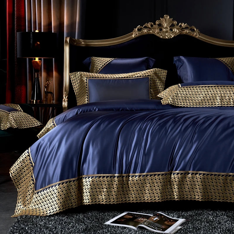 Gold Blue Luxury Royal Egyptian Cotton Wedding Bedding Set