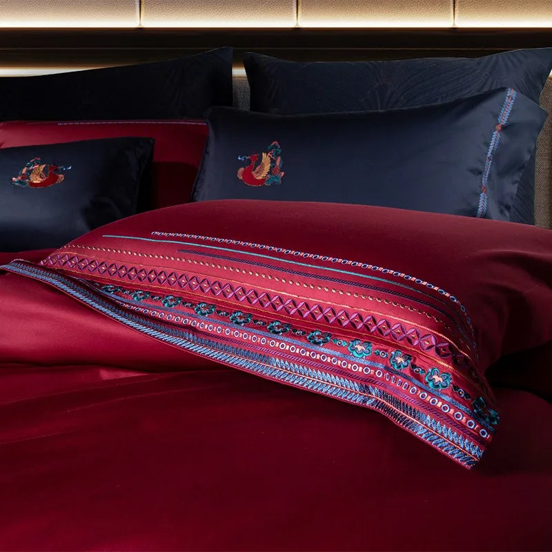 Luxury Red Burgundy Embroidered Duvet Cover Egyptian Cotton 1000TC Bedding Set