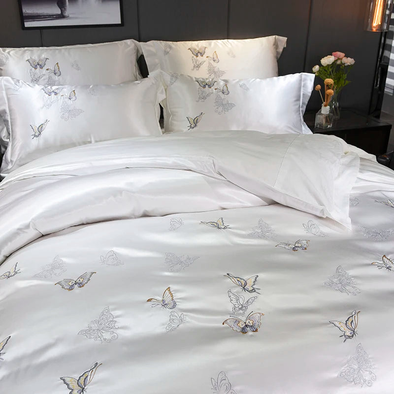 White Luxury Butterfly Royal Wedding Embroidered Duvet Cover 100% Cotton Bedding Set