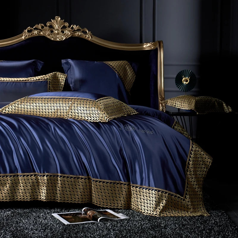 Gold Blue Luxury Royal Egyptian Cotton Wedding Bedding Set