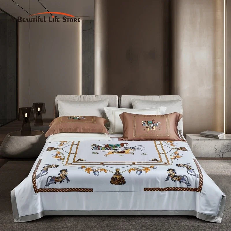 Brown Horse Racing Print Luxury Lyocell Fiber Bedding Set