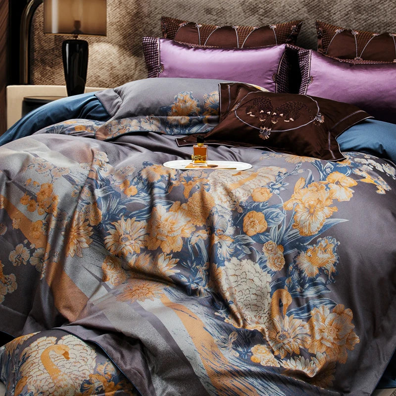 Luxury Purple Floral Nature Jacquard Egyptian Cotton 1000TC Bedding Set