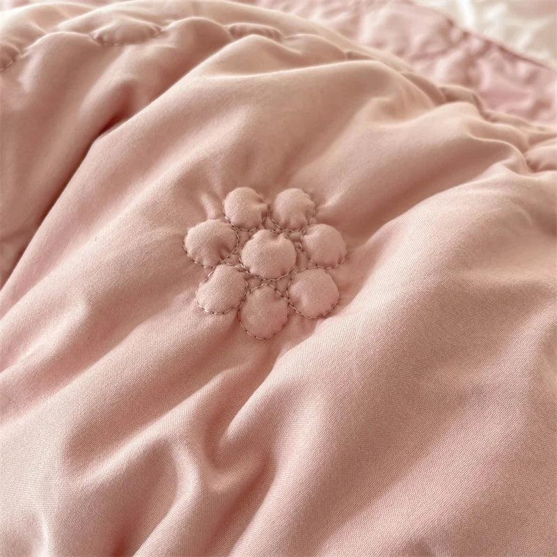 Pink Blue Korean Princess Twist Flowers Lace Ruffles Skin Friendly Bedding Set