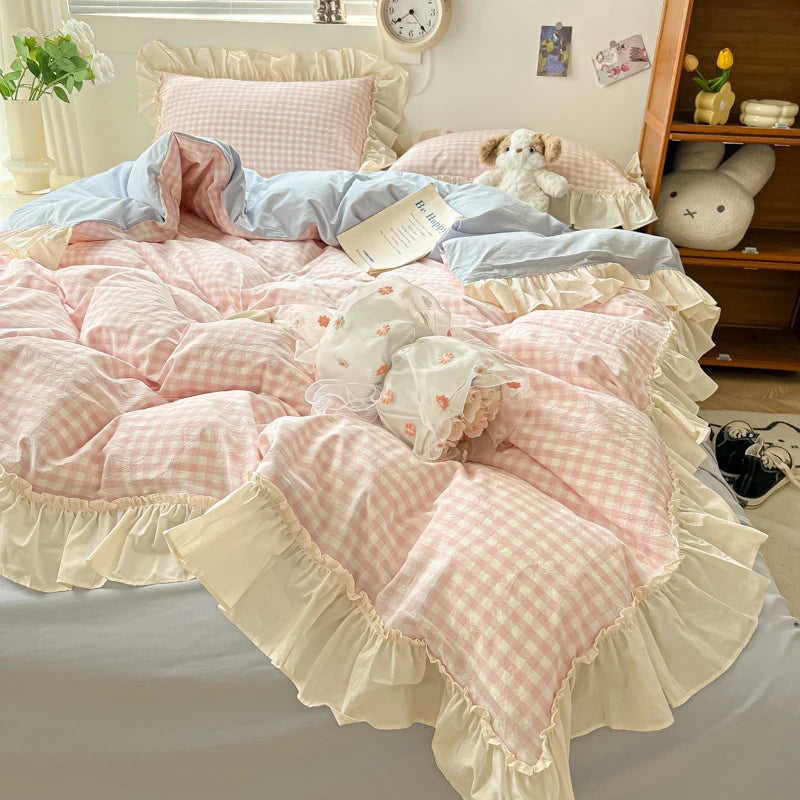 Pink Blue Cozy Cottage Princess Washed Cotton Soft Bedding Set