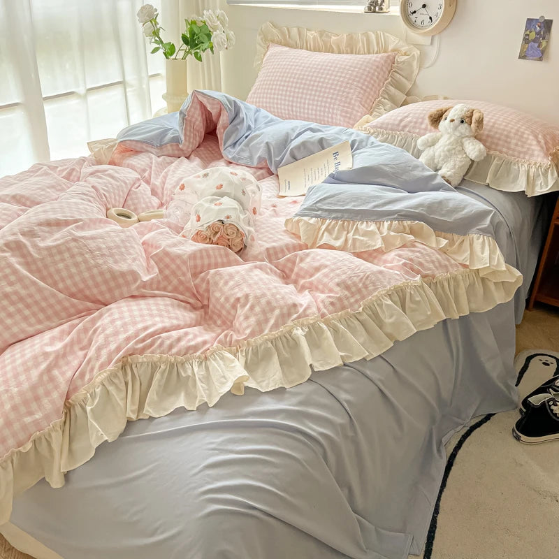 Pink Blue Cozy Cottage Princess Washed Cotton Soft Bedding Set