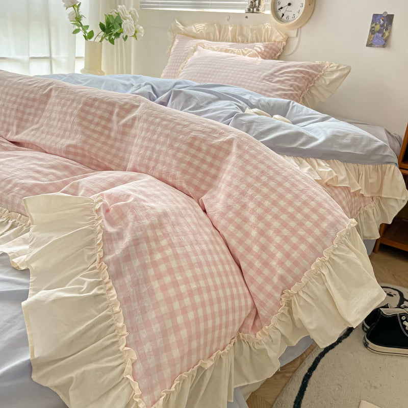 Pink Blue Cozy Cottage Princess Washed Cotton Soft Bedding Set